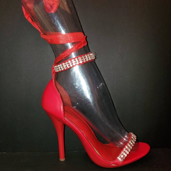 Shoes - 5inch Red heels with rhinestones & ribbon